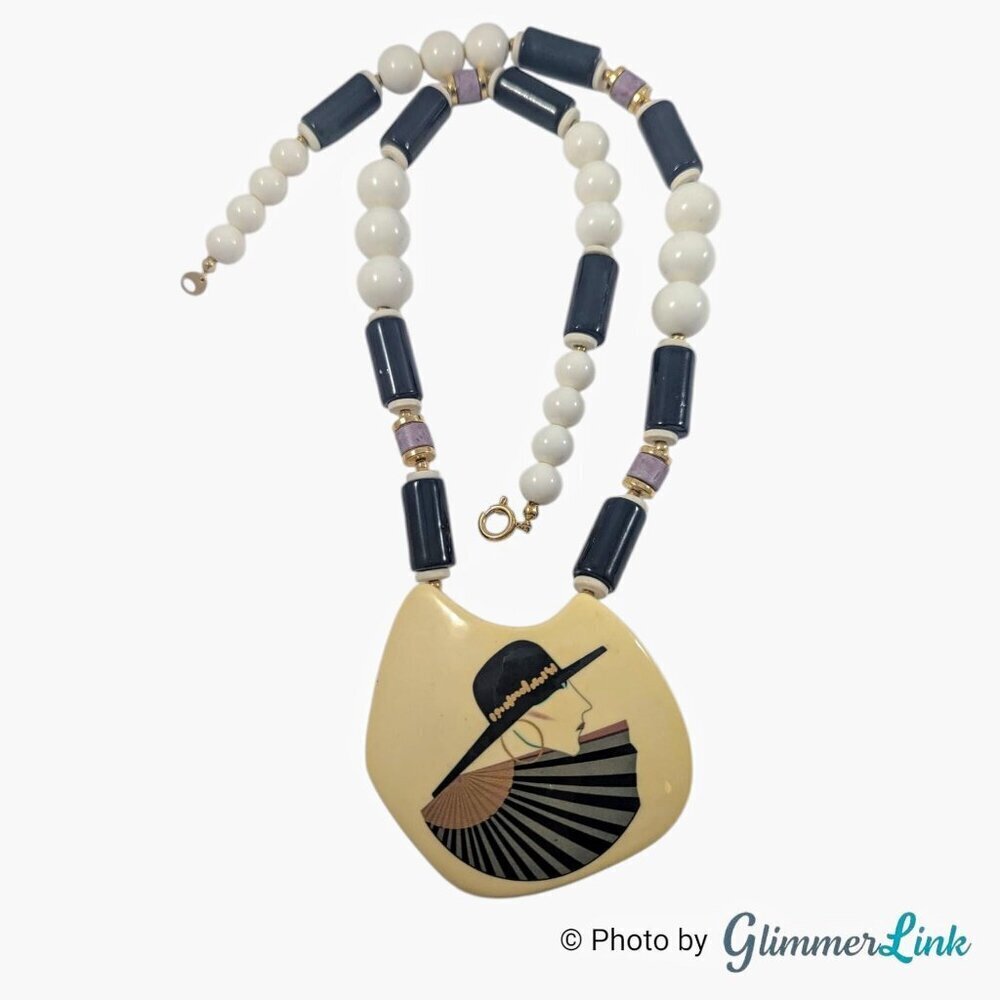 VTG 80s Japan Art Deco Lady Ceramic Pendant Black & White Lucite Beaded Necklace